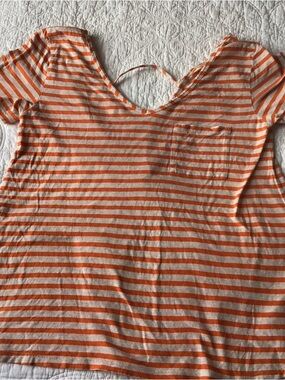 Anthropologie Orange and Cream Striped Short Sleeve Tee with Pocket
